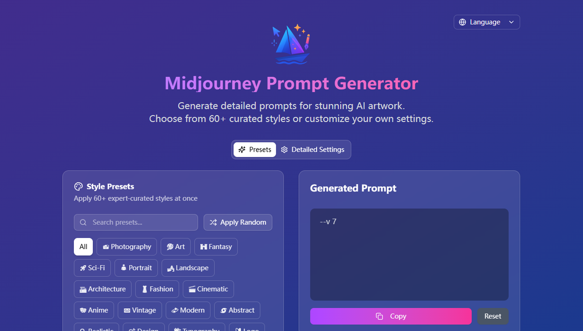 Screenshot of midjourney prompt helper