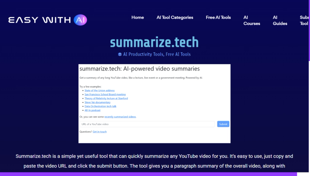 Screenshot of summarize tech