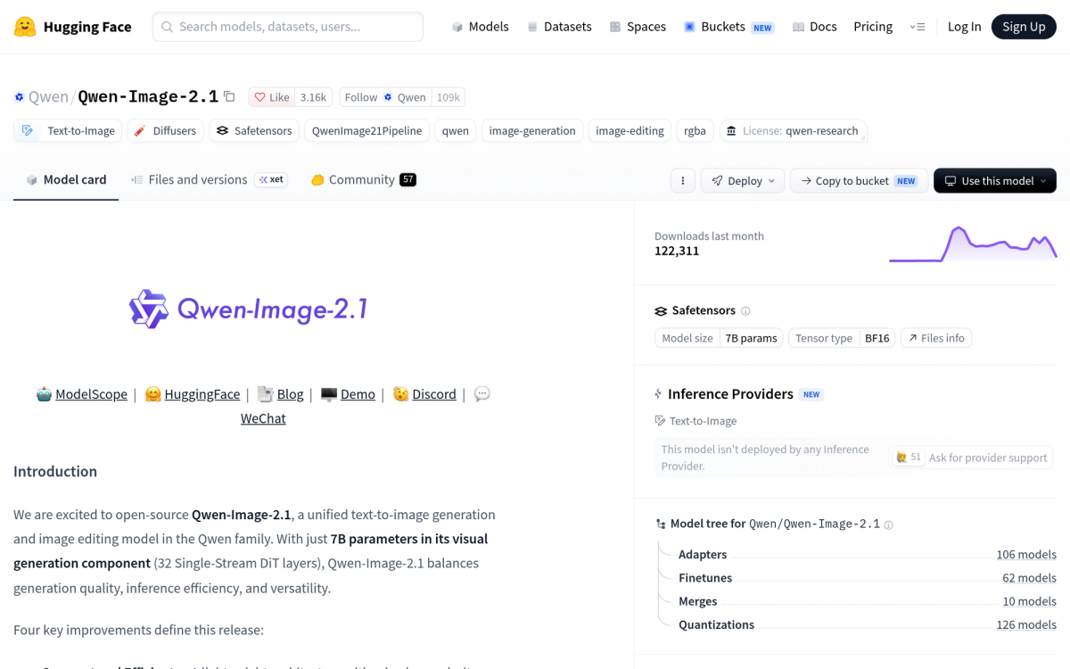 Qwen-Image 2.1 model page on Hugging Face