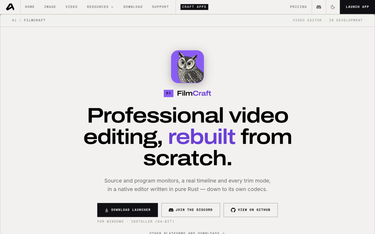 FilmCraft official page - professional video editing rebuilt from scratch in Rust