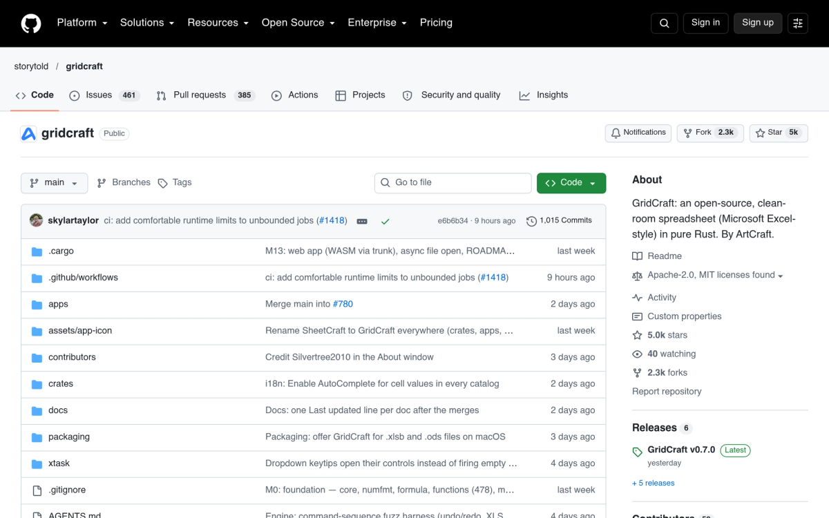GridCraft GitHub repository - open-source clean-room Microsoft Excel spreadsheet alternative in pure Rust