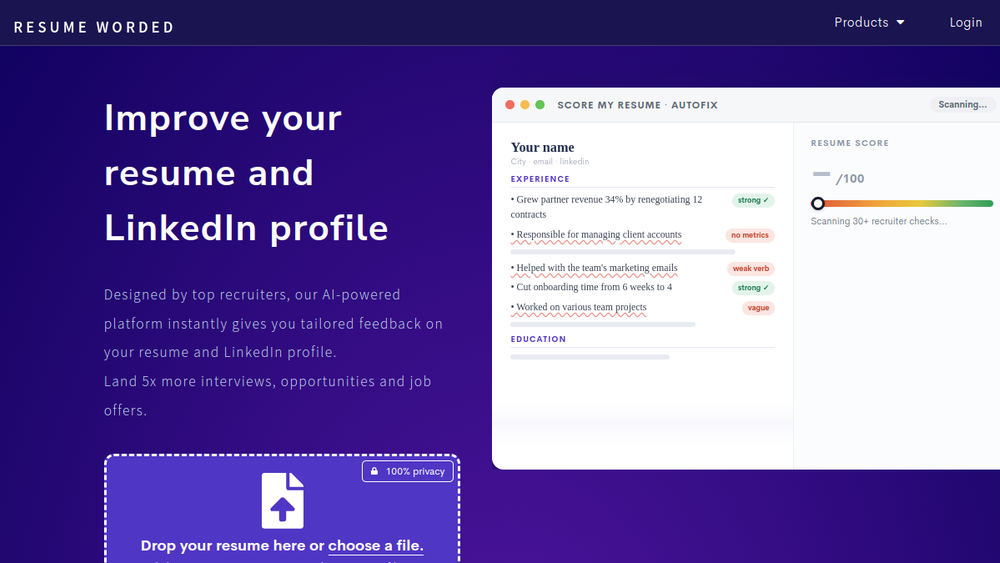 Screenshot of resume worded