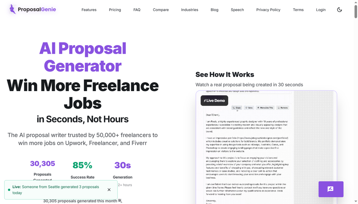 Screenshot of proposal genie