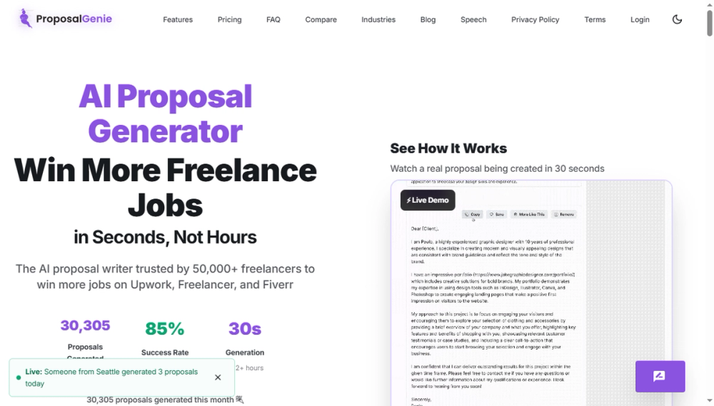 Screenshot of proposal genie