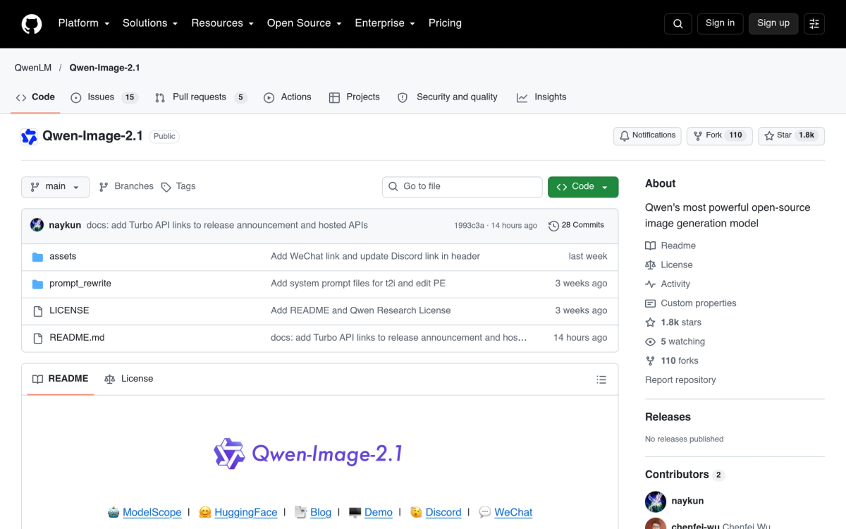 Qwen-Image 2.1 GitHub repository by the Qwen team
