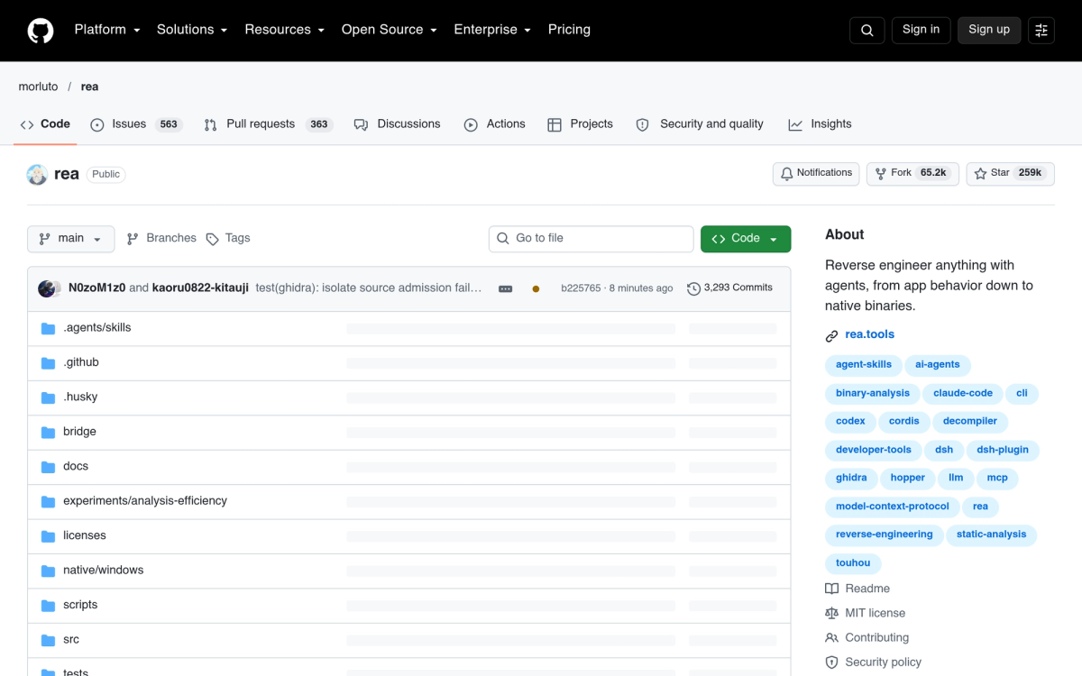 Reverse Engineer Anything (REA) GitHub repository - AI agents reverse engineering framework with MCP server