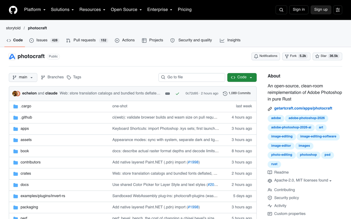 PhotoCraft GitHub repository - clean-room Photoshop reimplementation in Rust