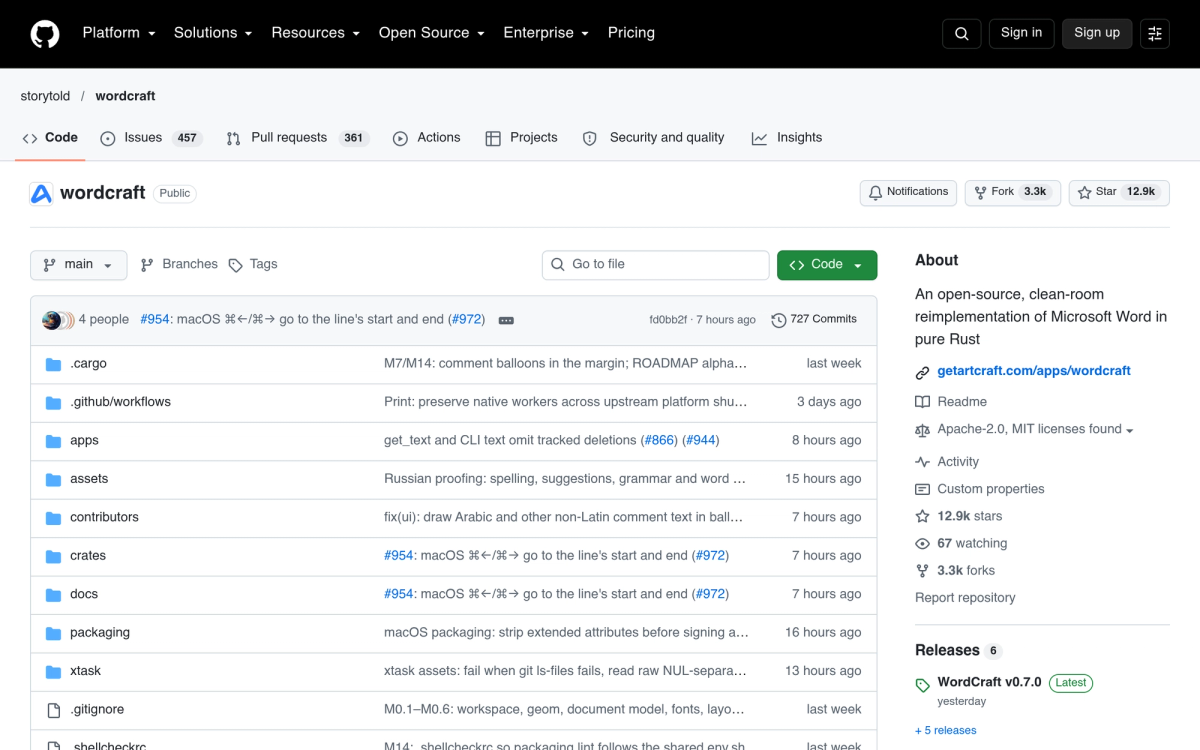 WordCraft GitHub repository - open-source clean-room Microsoft Word alternative in pure Rust