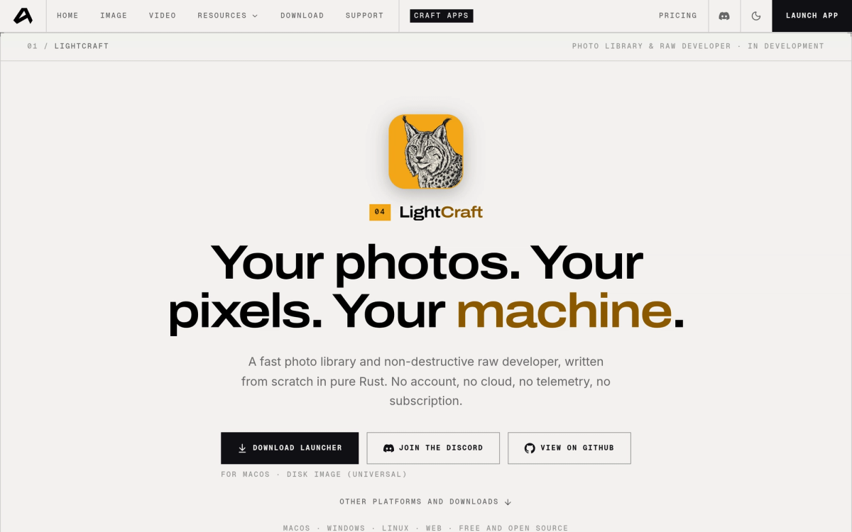 LightCraft official page - open-source photo library and raw developer
