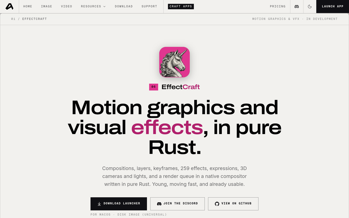 EffectCraft official page - open-source motion graphics and VFX compositor in pure Rust