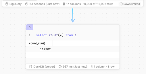When a DuckDB cell is running on Count's servers, the footer will show DuckDB (server).