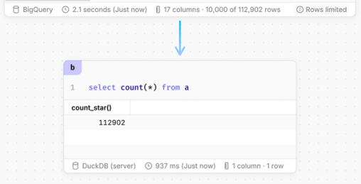 When a DuckDB cell is running on Count's servers, the footer will show DuckDB (server).