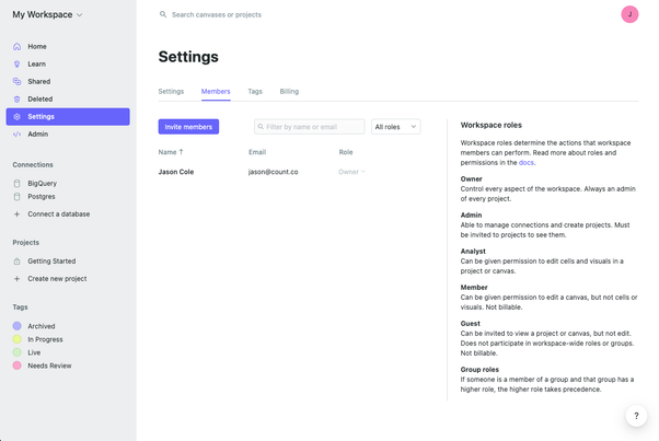 The workspace members page