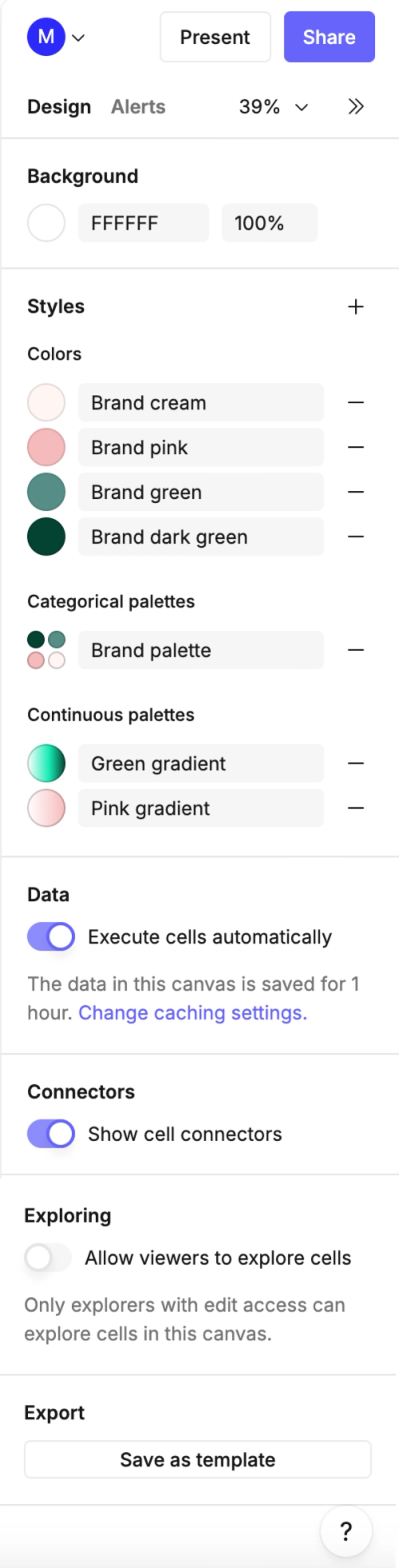 The design sidebar options when no cells are selected on the canvas