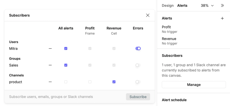Click the Manage button to view alert subscribers for this canvas.