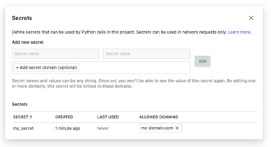 The project secrets list is accessible from the project settings page.
