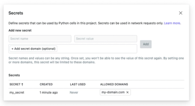 The project secrets list is accessible from the project settings page.