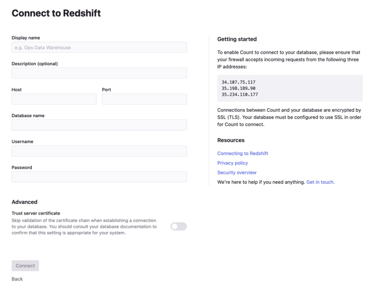 The Redshift connection page