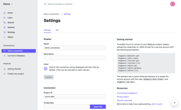 The connection settings page