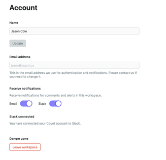 The account settings page