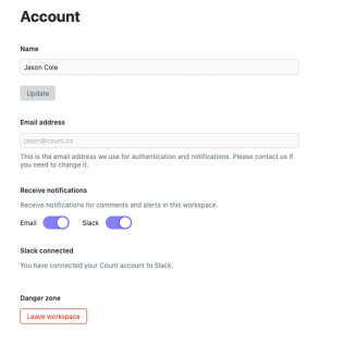 The account settings page