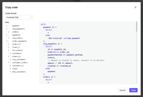 The DAG summary and full compiled SQL are displayed by default.