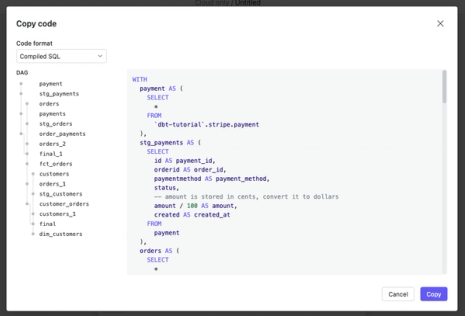 The DAG summary and full compiled SQL are displayed by default.