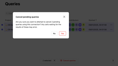 Cancel running queries from the connection page.