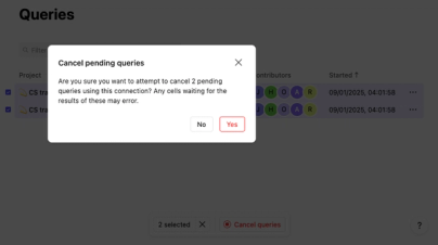 Cancel running queries from the connection page.