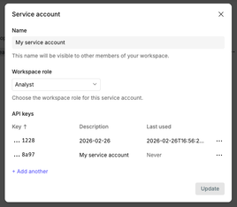 Options for a service account.
