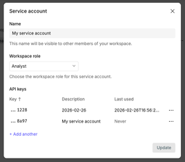 Options for a service account.