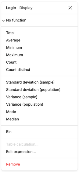 Options vary depending on the column type.