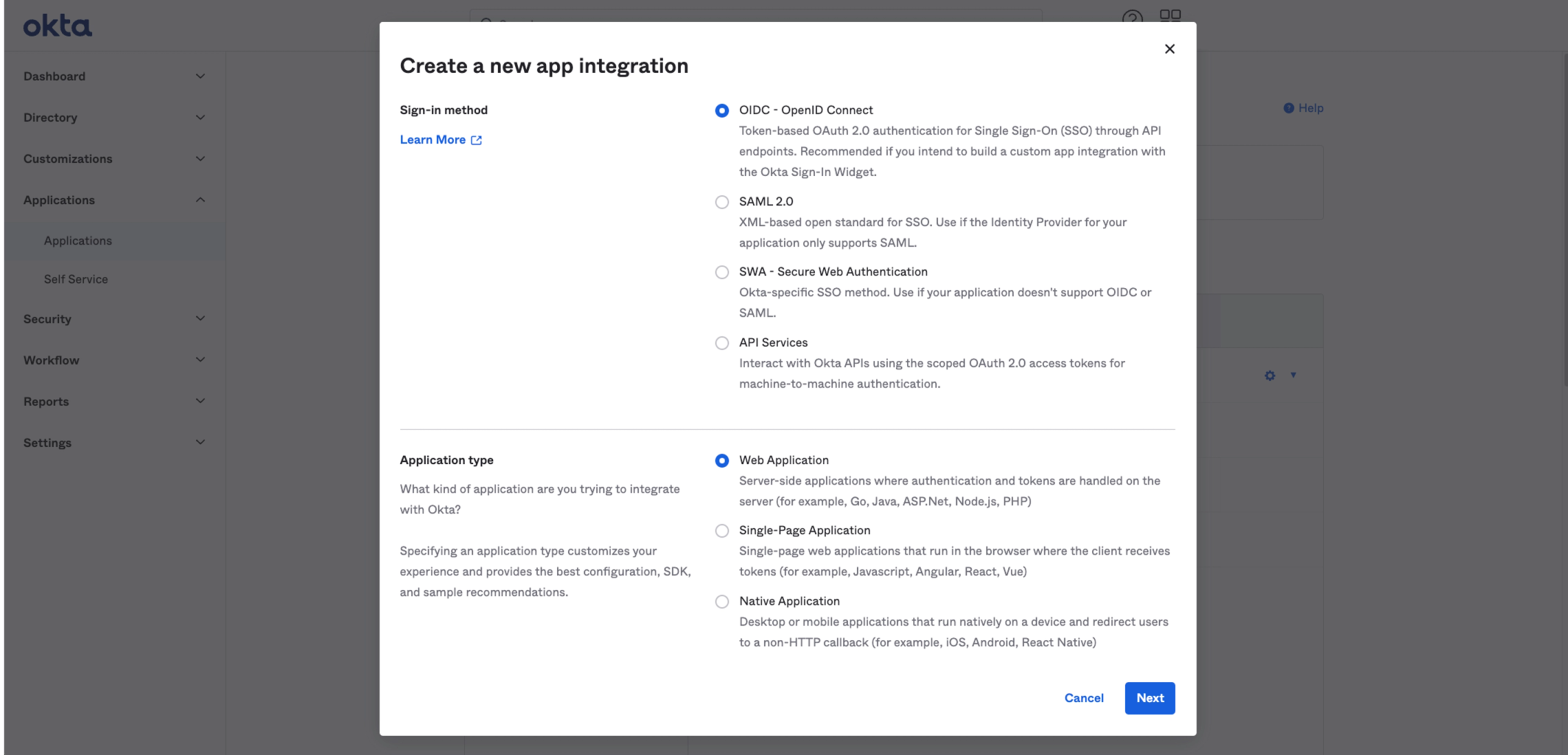 Be sure to create an application using OIDC of type Web Application