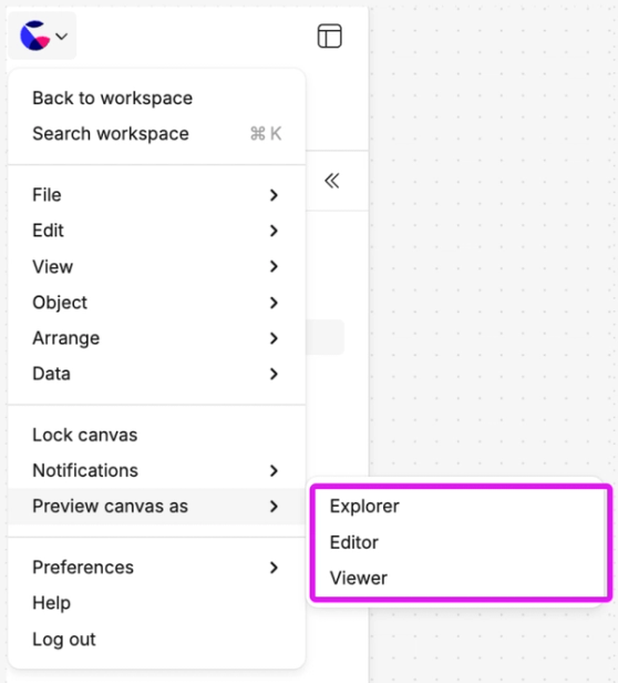 Menu at top left of canvas