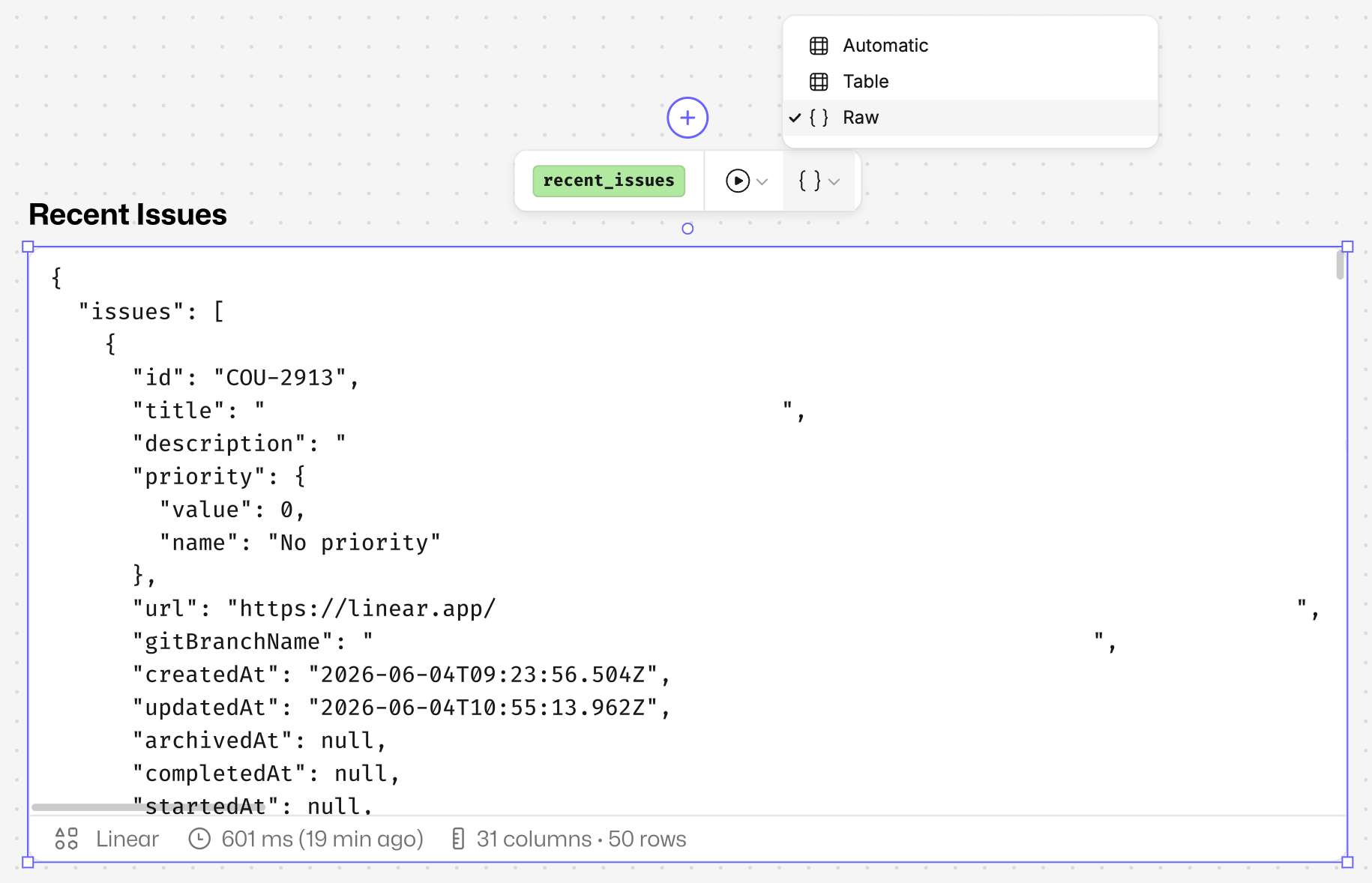 Select the Raw option to view and copy the raw MCP tool call result.