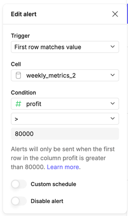 An example of a custom alert trigger on a Frame.