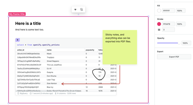 Find the Export PDF button in the design bar when a frame is selected.