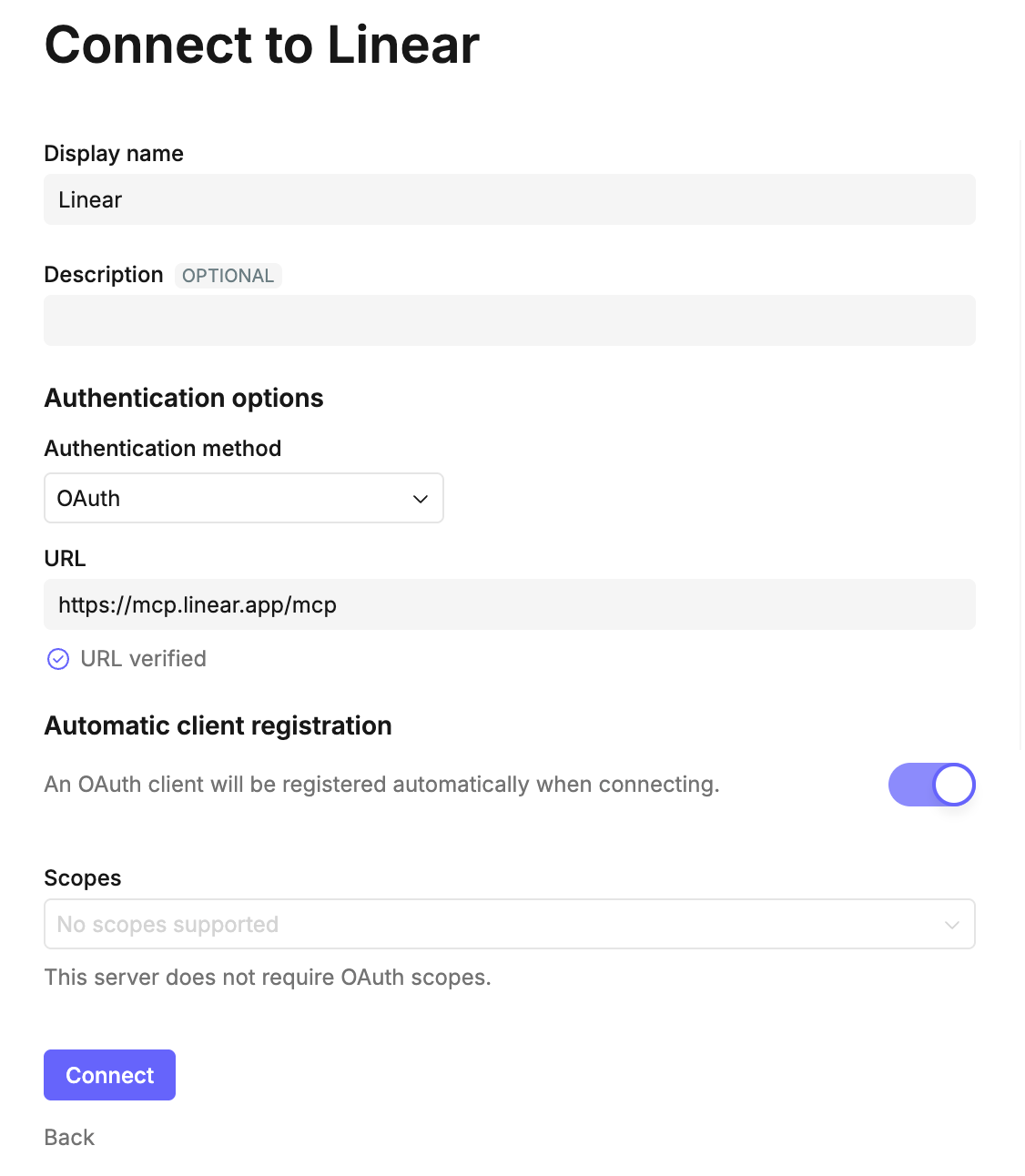 The MCP connection options.