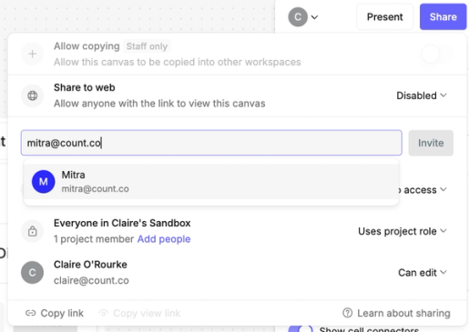 Inviting someone to the canvas with their email address