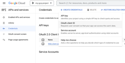 Create an OAuth client from the GCP credentials page.