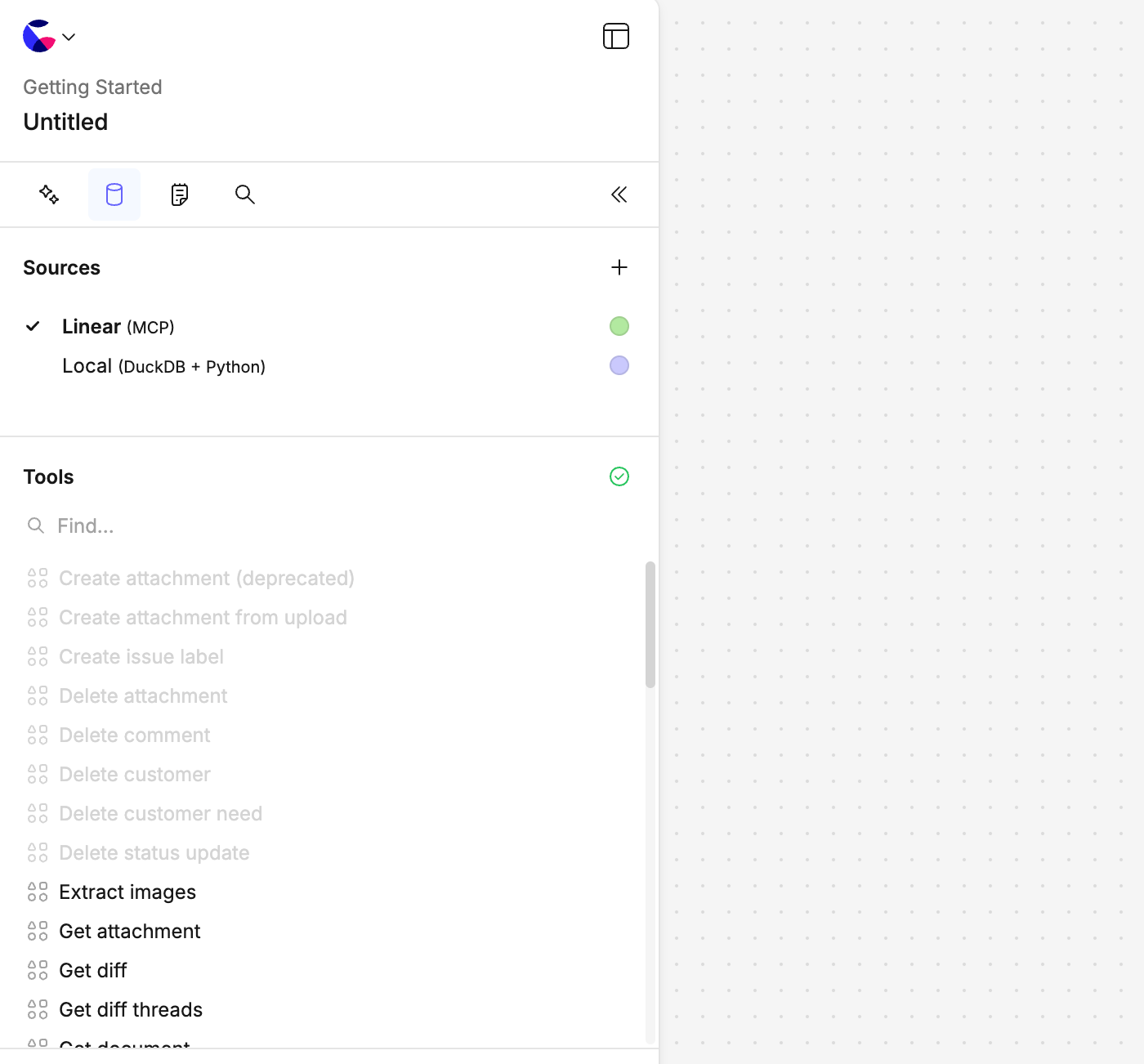 MCP connections appear as data sources in the canvas.