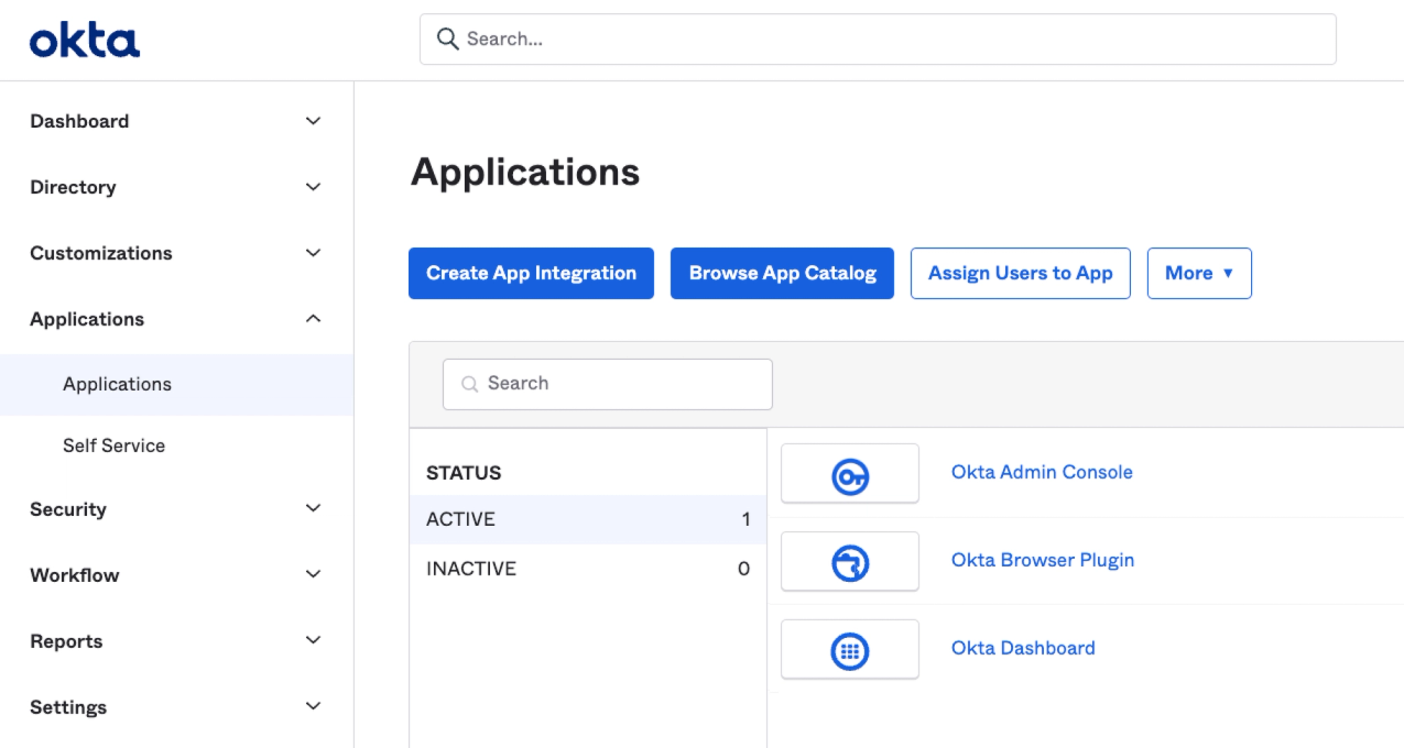Where to create an application in the Okta admin dashboard
