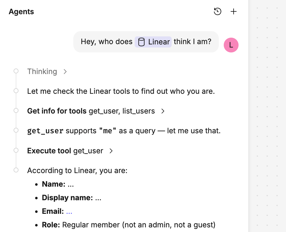 MCP tool uses are listed in the agent chat history.