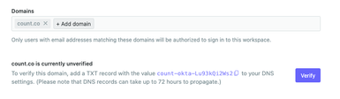 Copy the domain verification code from the Count SSO settings tab