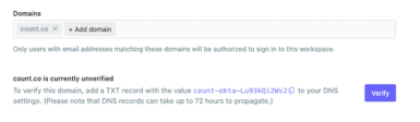 Copy the domain verification code from the Count SSO settings tab