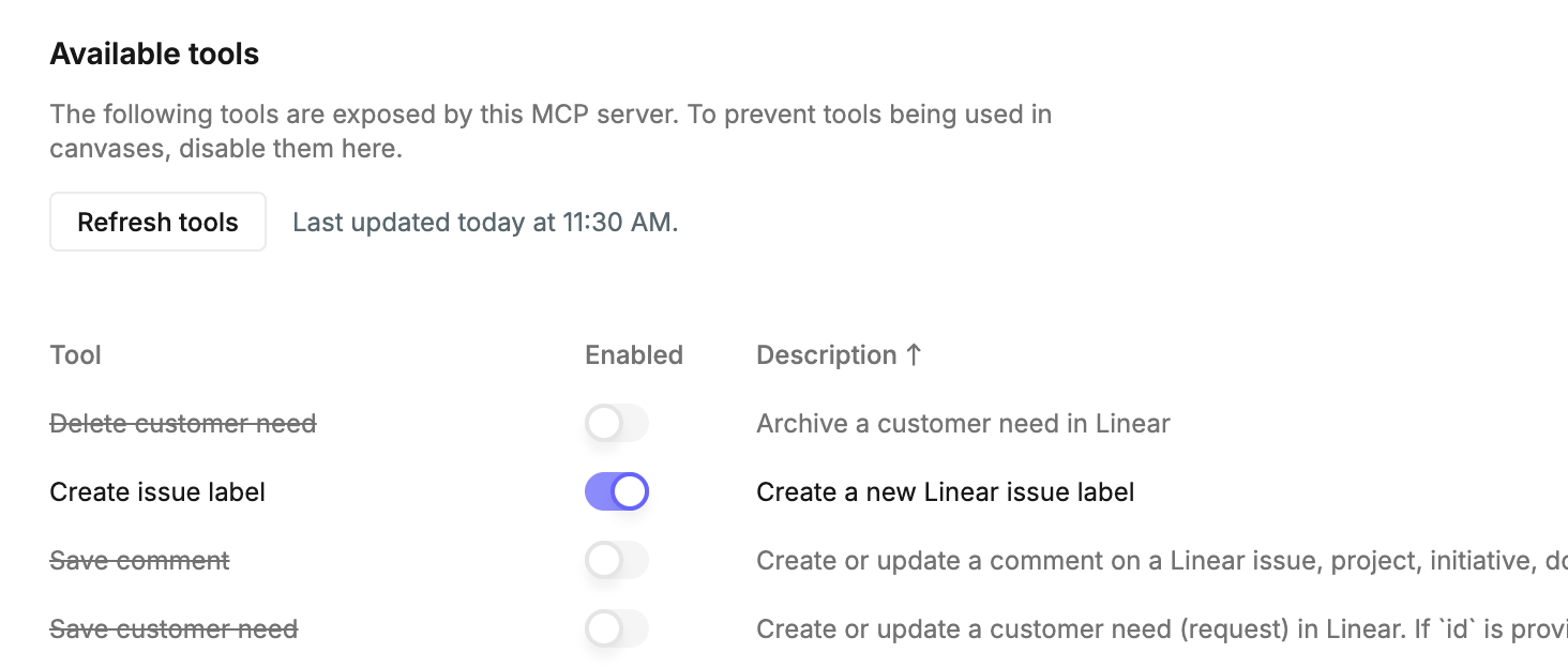 The list of MCP tools will appear in the connection settings page.