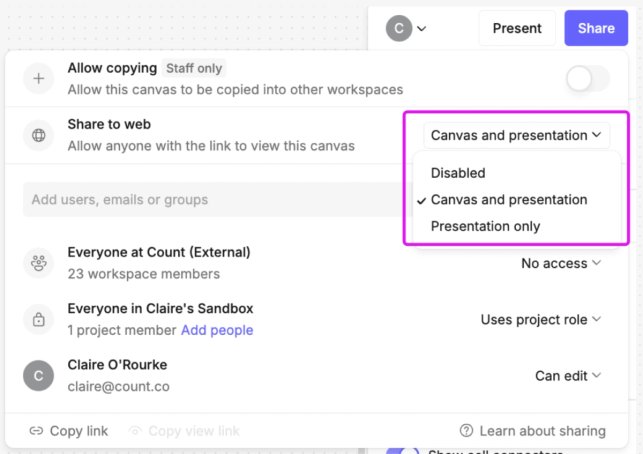 Menu options for sharing the canvas and/or presentation on the web