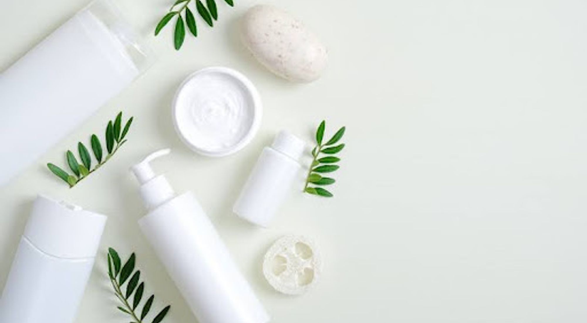 White body wash bottles and cream jar with green leaves on a pale background