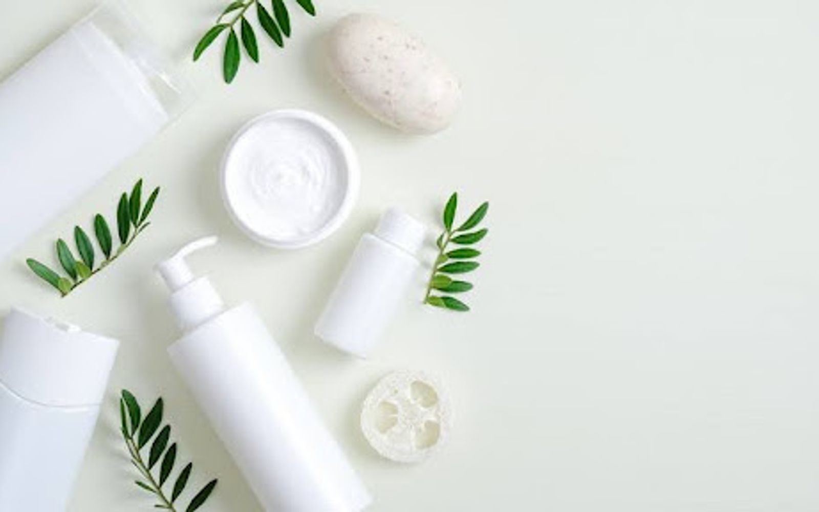 White body wash bottles and cream jar with green leaves on a pale background