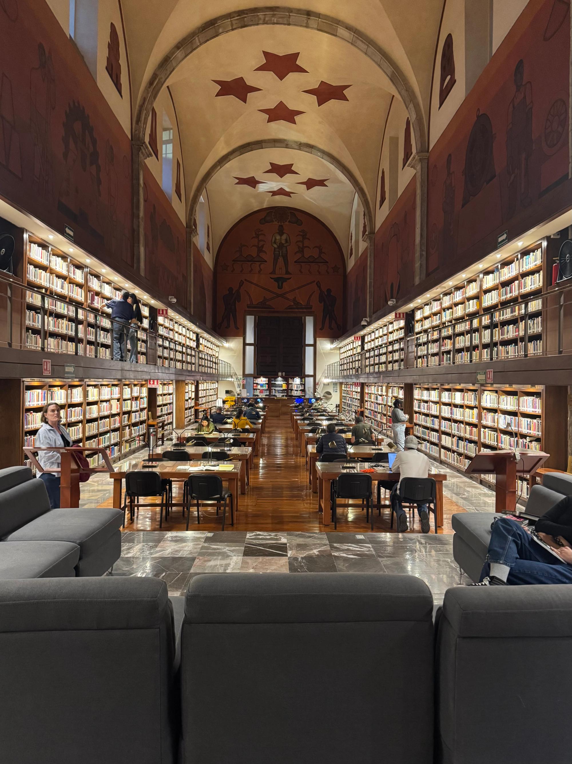 Murals on the walls and ceiling of a university library